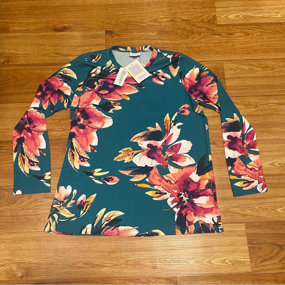 NWT Lularoe Sharon Long Sleeve Top in Green, Pink Floral Print Pattern, Medium - Picture 2 of 6